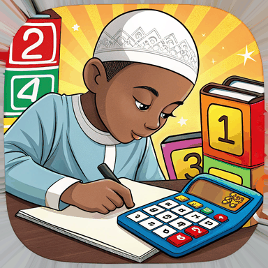 Number Blast app icon — a student working out math problems with a calculator