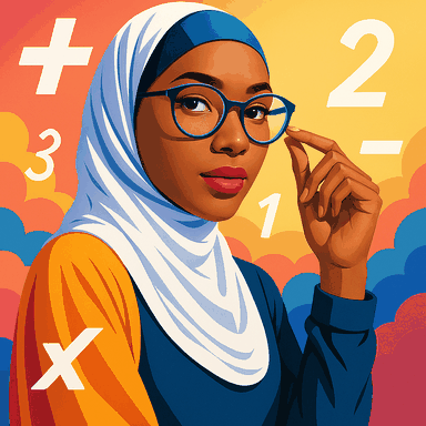 QuestUp app icon — a student in a hijab surrounded by math symbols
